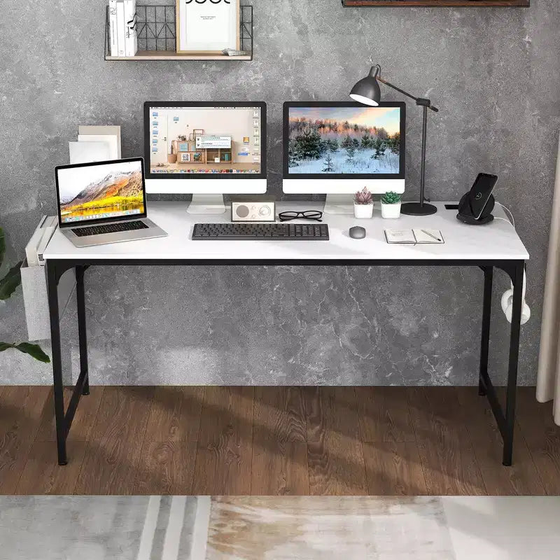 Bureau informatique moderne de 60 pouces avec station de charge, sac de rangement et crochet pour casque Blanc