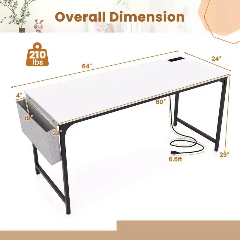 Bureau informatique moderne de 60 pouces avec station de charge, sac de rangement et crochet pour casque Blanc