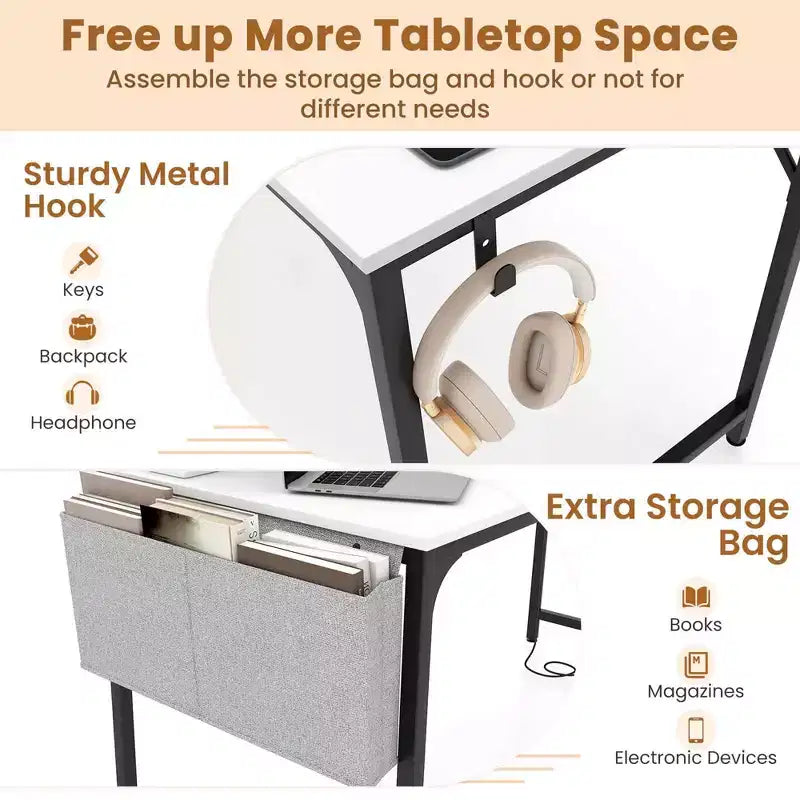 Bureau informatique moderne de 60 pouces avec station de charge, sac de rangement et crochet pour casque Blanc