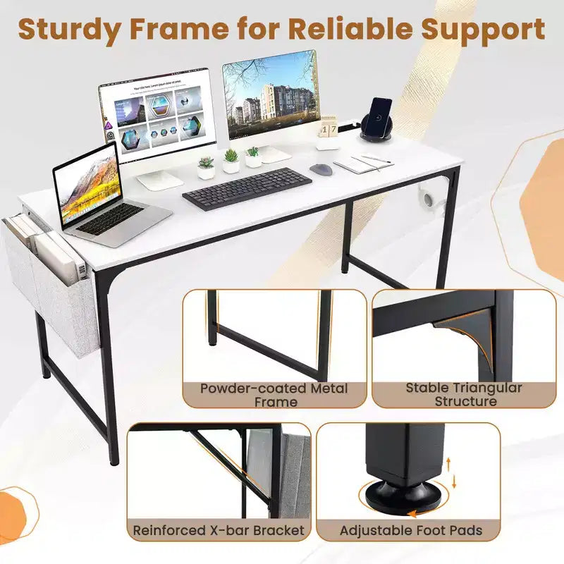Bureau informatique moderne de 60 pouces avec station de charge, sac de rangement et crochet pour casque Blanc