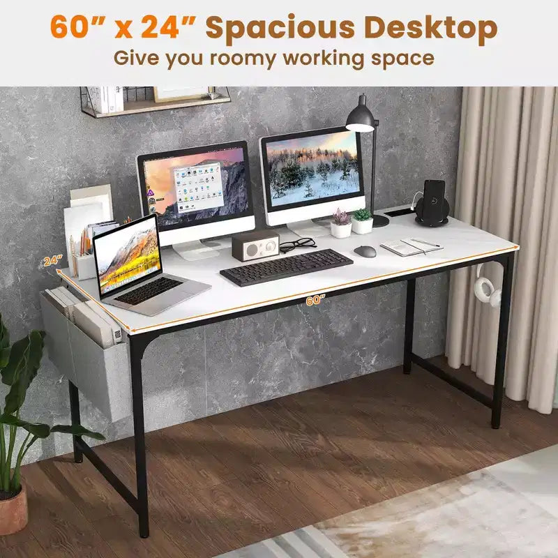 Bureau informatique moderne de 60 pouces avec station de charge, sac de rangement et crochet pour casque Blanc