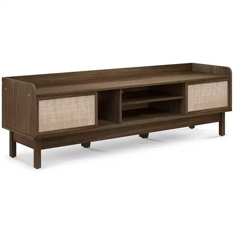 Meuble TV en bois pour téléviseurs jusqu'à 65 pouces avec rangement, étagère réglable et portes coulissantes Noyer