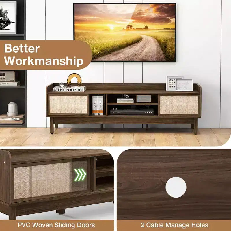 Meuble TV en bois pour téléviseurs jusqu'à 65 pouces avec rangement, étagère réglable et portes coulissantes Noyer