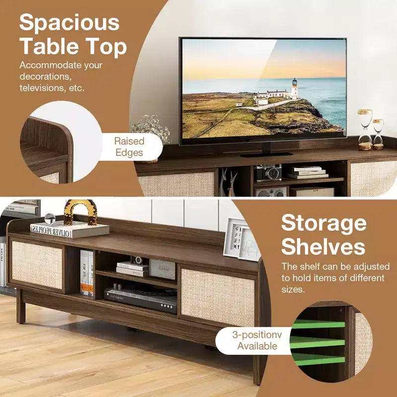 Meuble TV en bois pour téléviseurs jusqu'à 65 pouces avec rangement, étagère réglable et portes coulissantes Noyer