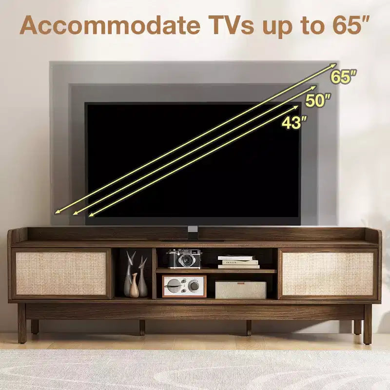 Meuble TV en bois pour téléviseurs jusqu'à 65 pouces avec rangement, étagère réglable et portes coulissantes Noyer