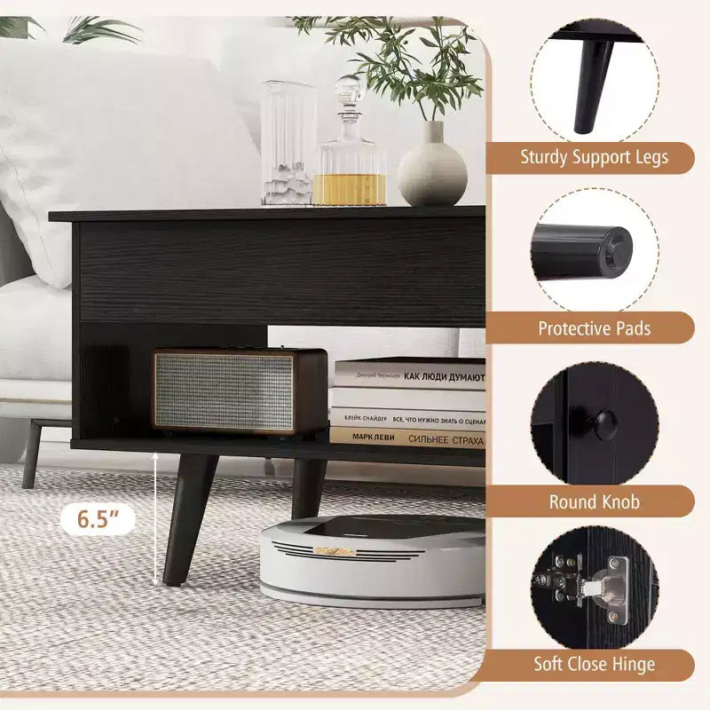 Table Basse Relevable avec Rangement Compartiment Caché et Étagère Ouverte Noir/Marron/Naturel