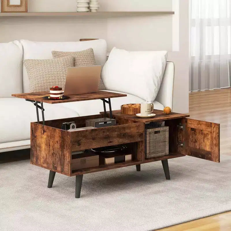 Table Basse Relevable avec Rangement Compartiment Caché et Étagère Ouverte Noir/Marron/Naturel