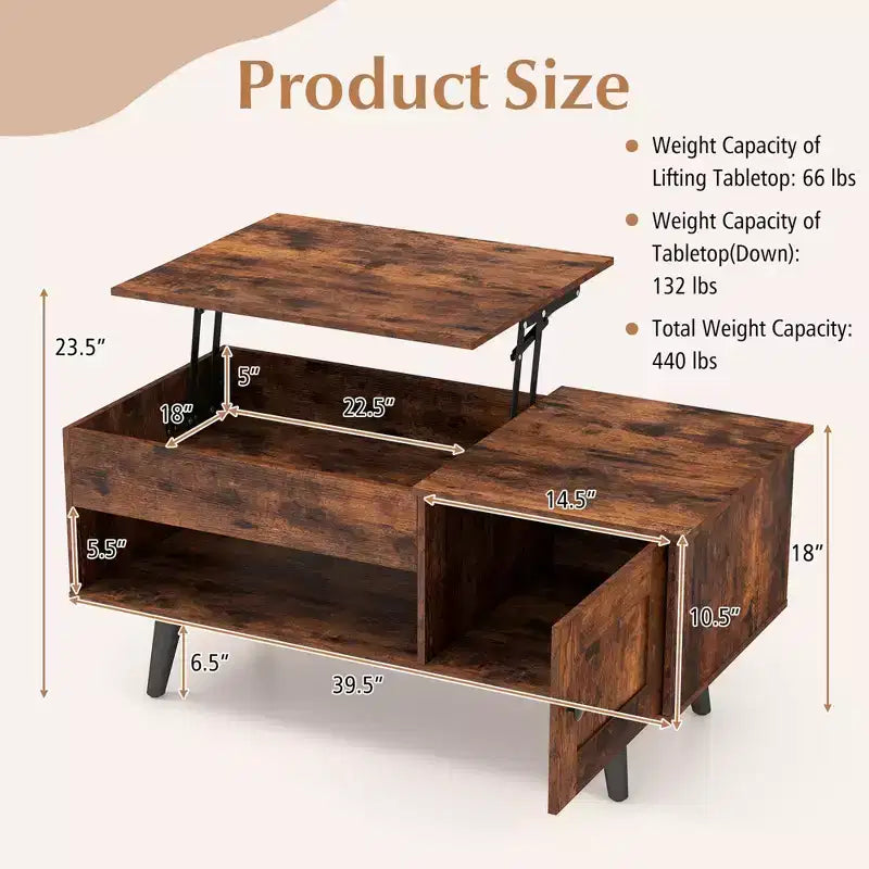 Table Basse Relevable avec Rangement Compartiment Caché et Étagère Ouverte Noir/Marron/Naturel