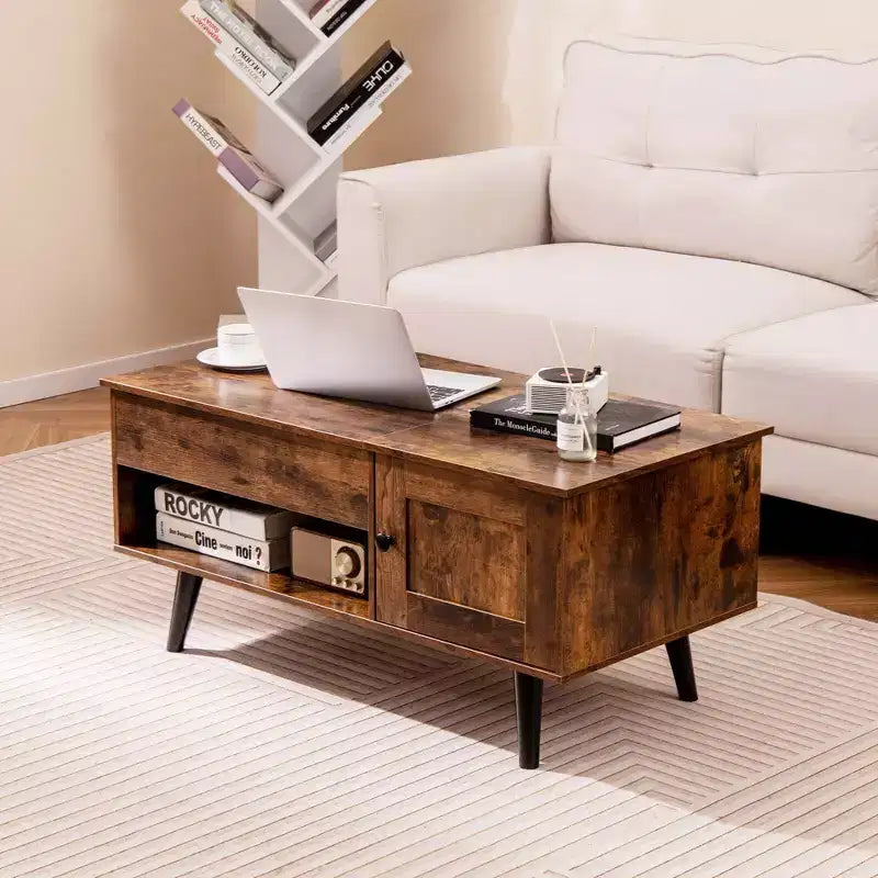 Table Basse Relevable avec Rangement Compartiment Caché et Étagère Ouverte Noir/Marron/Naturel