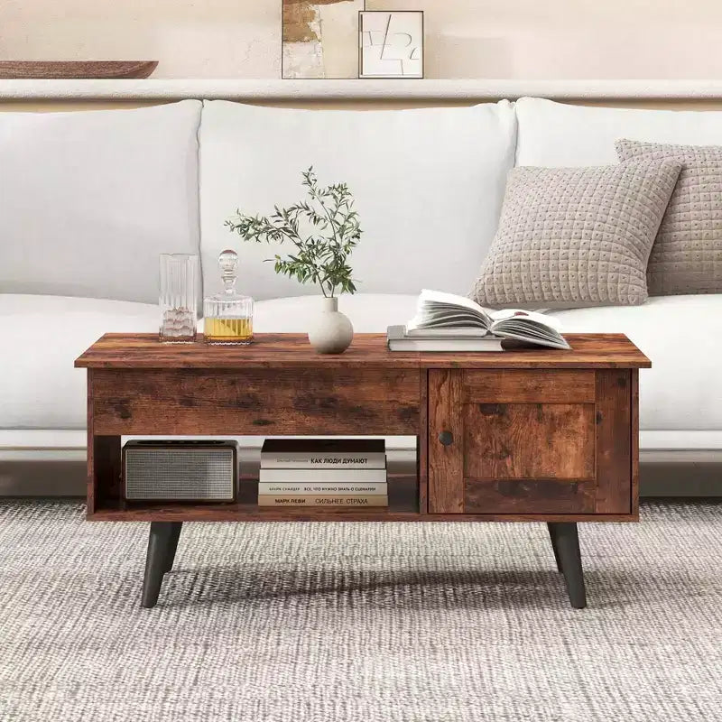 Table Basse Relevable avec Rangement Compartiment Caché et Étagère Ouverte Noir/Marron/Naturel