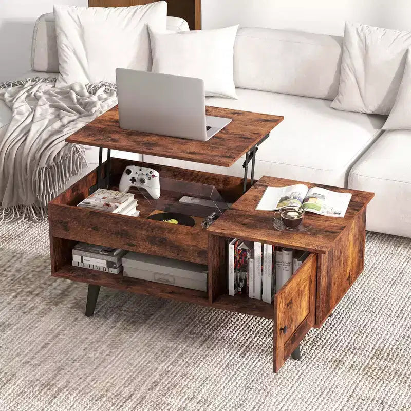 Table Basse Relevable avec Rangement Compartiment Caché et Étagère Ouverte Noir/Marron/Naturel