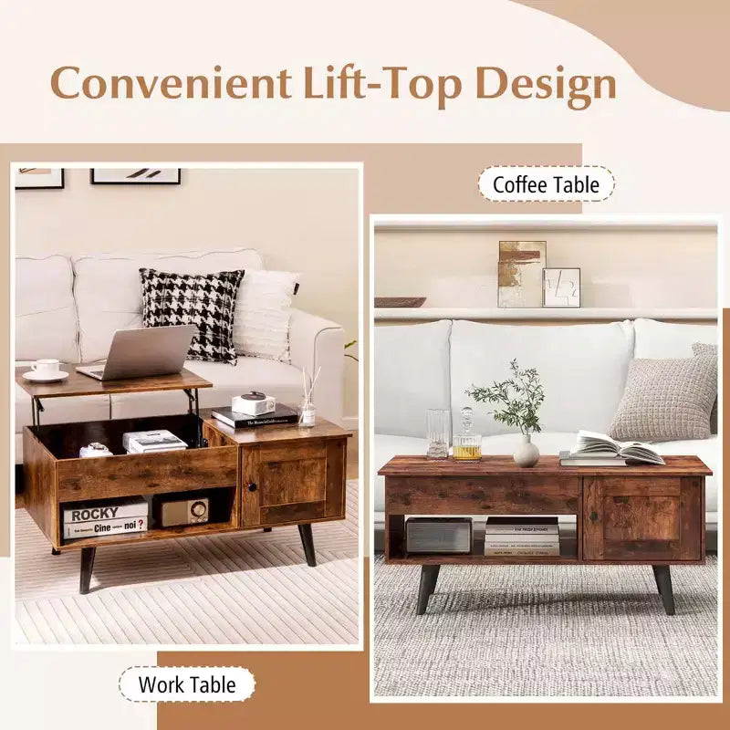 Table Basse Relevable avec Rangement Compartiment Caché et Étagère Ouverte Noir/Marron/Naturel