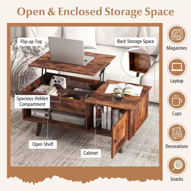 Table Basse Relevable avec Rangement Compartiment Caché et Étagère Ouverte Noir/Marron/Naturel