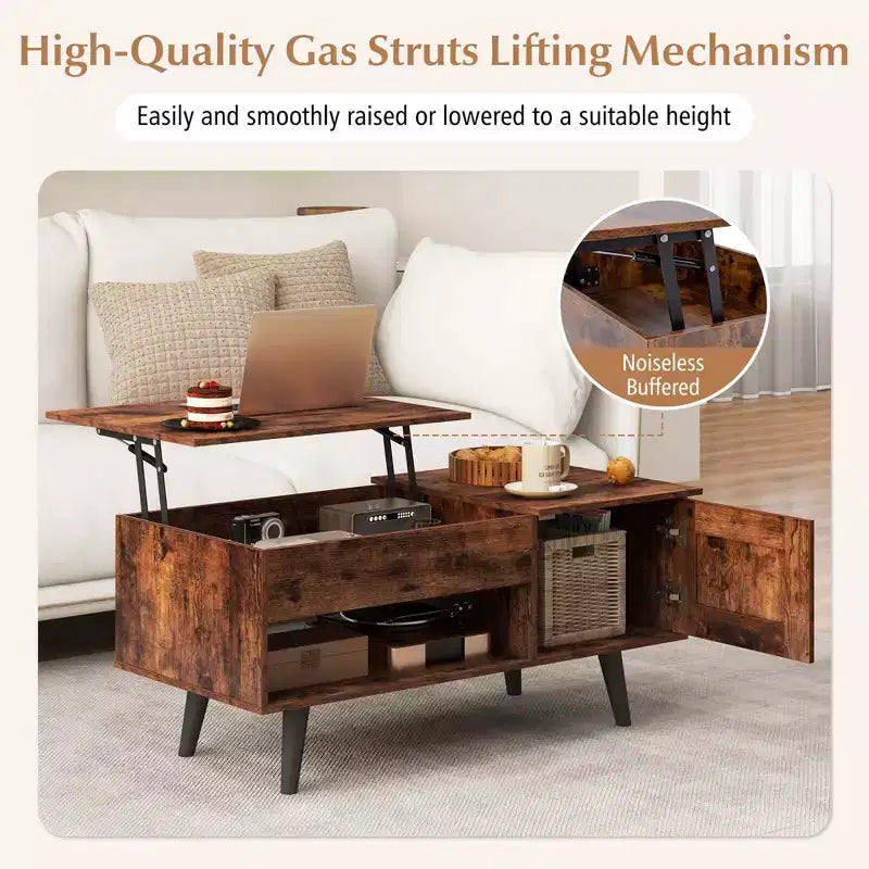 Table Basse Relevable avec Rangement Compartiment Caché et Étagère Ouverte Noir/Marron/Naturel