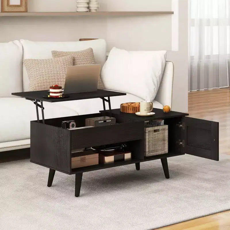 Table Basse Relevable avec Rangement Compartiment Caché et Étagère Ouverte Noir/Marron/Naturel