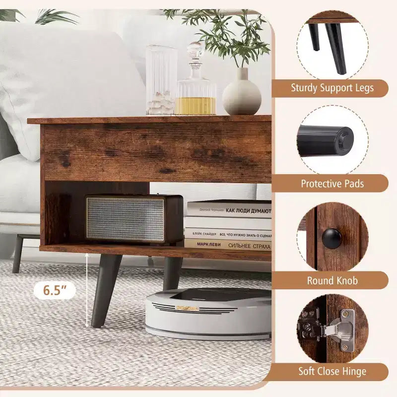 Table Basse Relevable avec Rangement Compartiment Caché et Étagère Ouverte Noir/Marron/Naturel