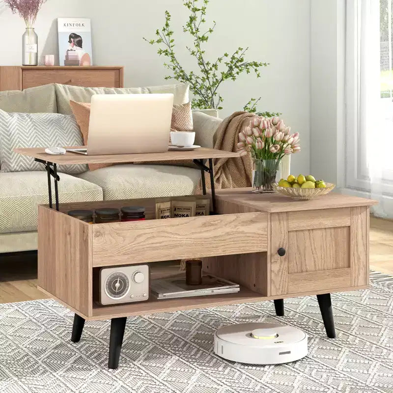 Table Basse Relevable avec Rangement Compartiment Caché et Étagère Ouverte Noir/Marron/Naturel