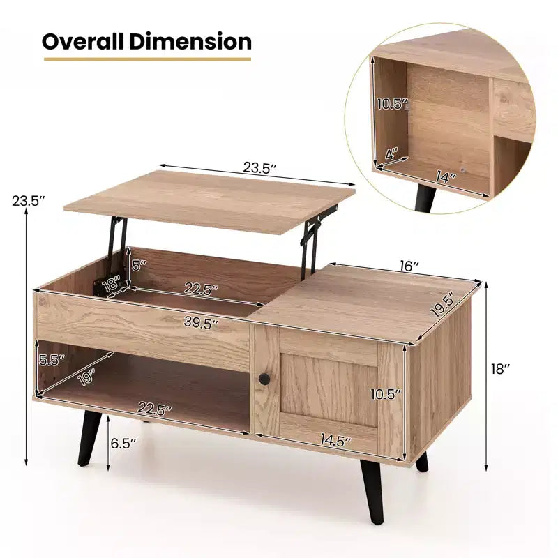 Table Basse Relevable avec Rangement Compartiment Caché et Étagère Ouverte Noir/Marron/Naturel