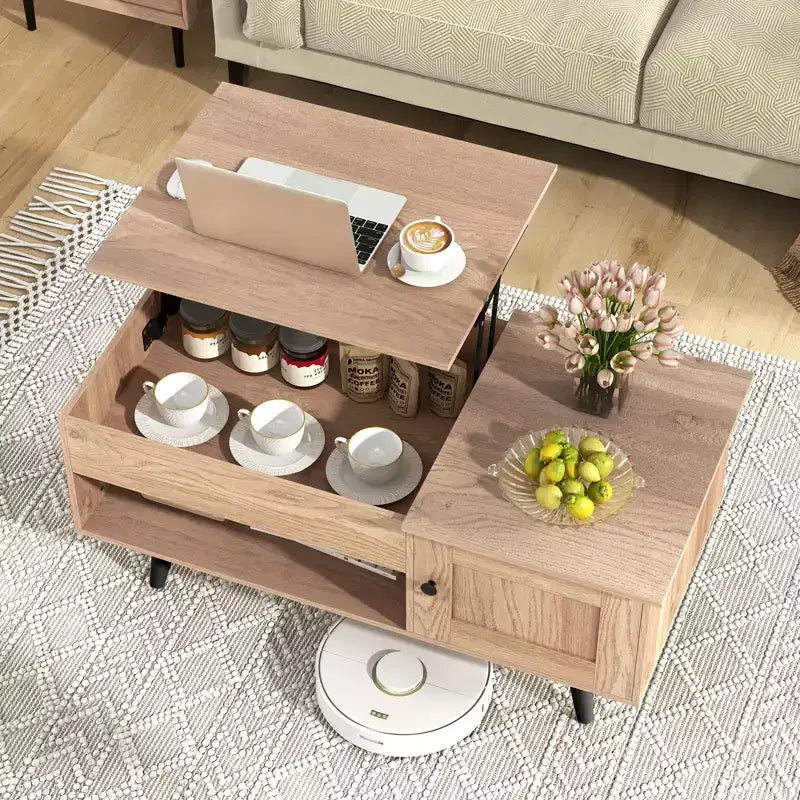 Table Basse Relevable avec Rangement Compartiment Caché et Étagère Ouverte Noir/Marron/Naturel