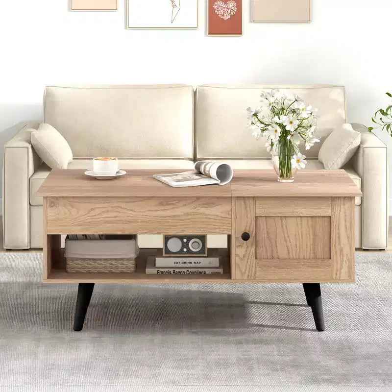 Table Basse Relevable avec Rangement Compartiment Caché et Étagère Ouverte Noir/Marron/Naturel