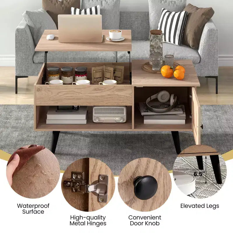 Table Basse Relevable avec Rangement Compartiment Caché et Étagère Ouverte Noir/Marron/Naturel