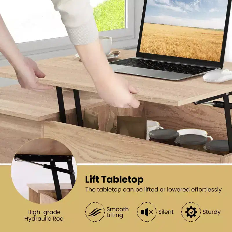 Table Basse Relevable avec Rangement Compartiment Caché et Étagère Ouverte Noir/Marron/Naturel