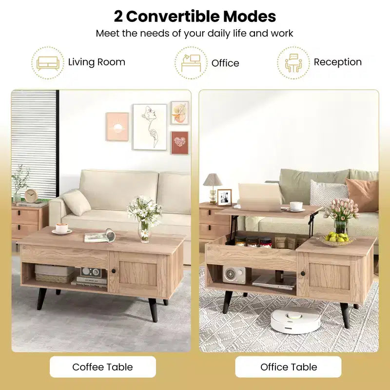 Table Basse Relevable avec Rangement Compartiment Caché et Étagère Ouverte Noir/Marron/Naturel
