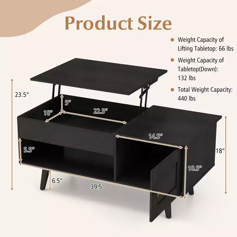 Table Basse Relevable avec Rangement Compartiment Caché et Étagère Ouverte Noir/Marron/Naturel