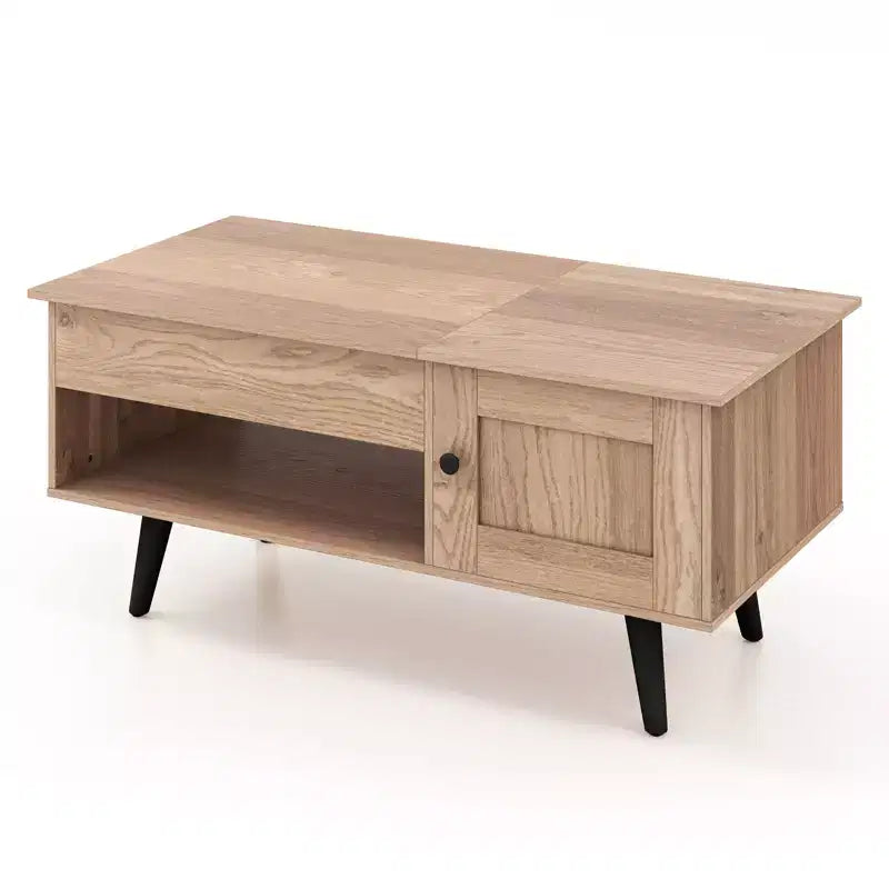Table Basse Relevable avec Rangement Compartiment Caché et Étagère Ouverte Noir/Marron/Naturel