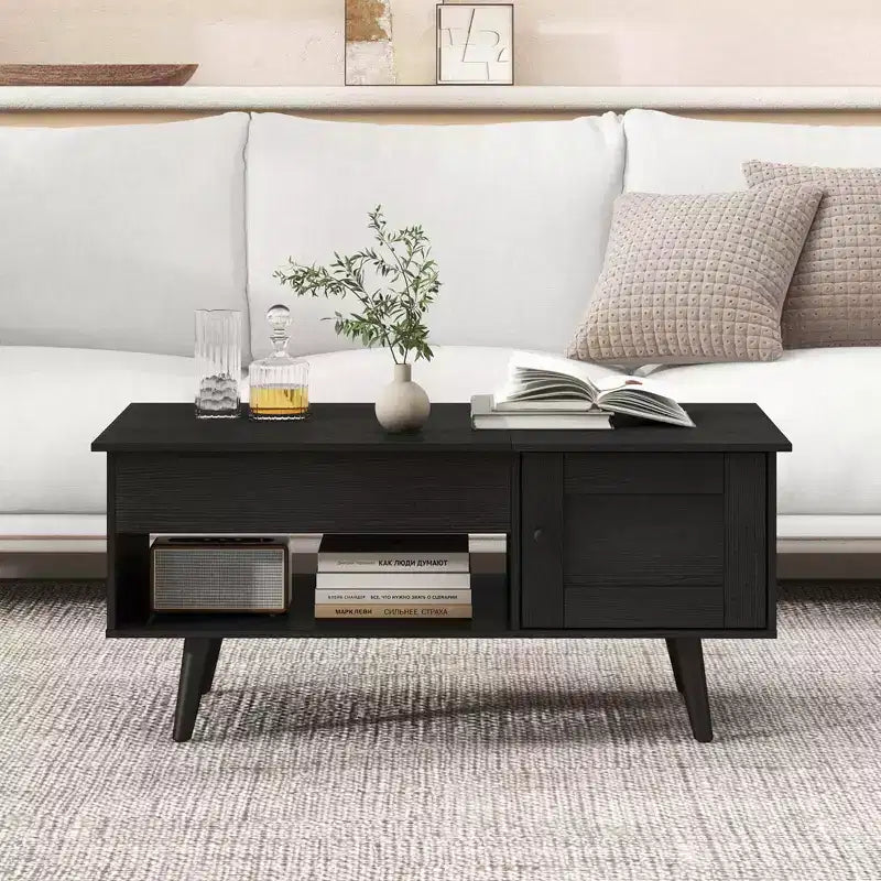 Table Basse Relevable avec Rangement Compartiment Caché et Étagère Ouverte Noir/Marron/Naturel