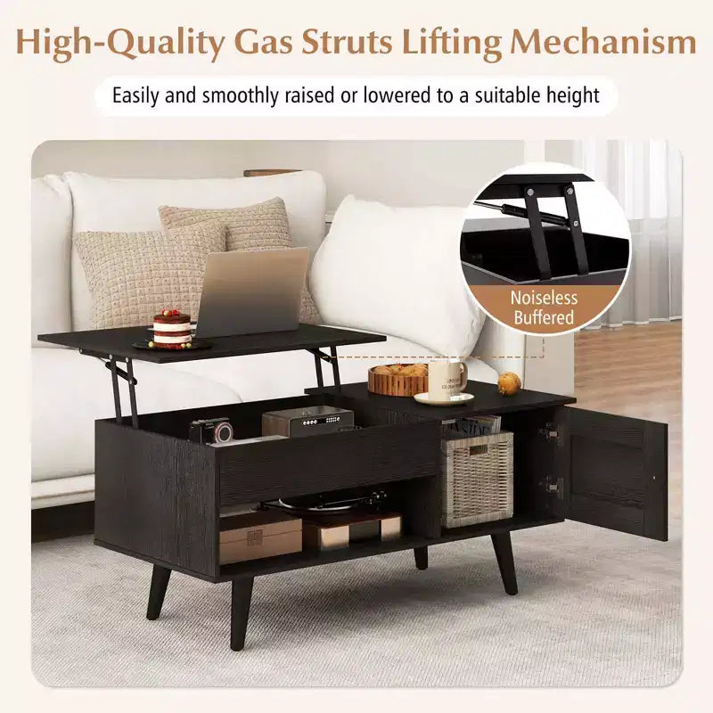 Table Basse Relevable avec Rangement Compartiment Caché et Étagère Ouverte Noir/Marron/Naturel