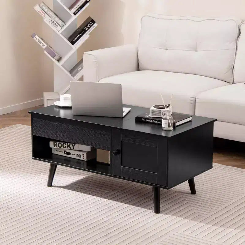 Table Basse Relevable avec Rangement Compartiment Caché et Étagère Ouverte Noir/Marron/Naturel