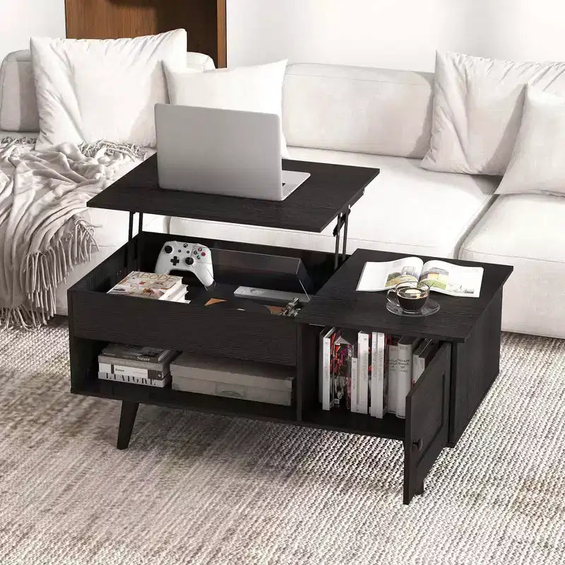 Table Basse Relevable avec Rangement Compartiment Caché et Étagère Ouverte Noir/Marron/Naturel