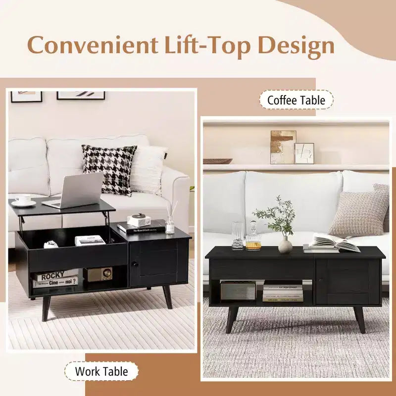 Table Basse Relevable avec Rangement Compartiment Caché et Étagère Ouverte Noir/Marron/Naturel