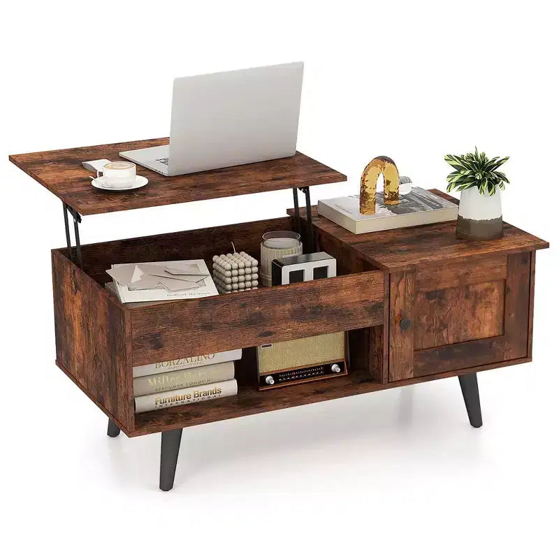 Table Basse Relevable avec Rangement Compartiment Caché et Étagère Ouverte Noir/Marron/Naturel