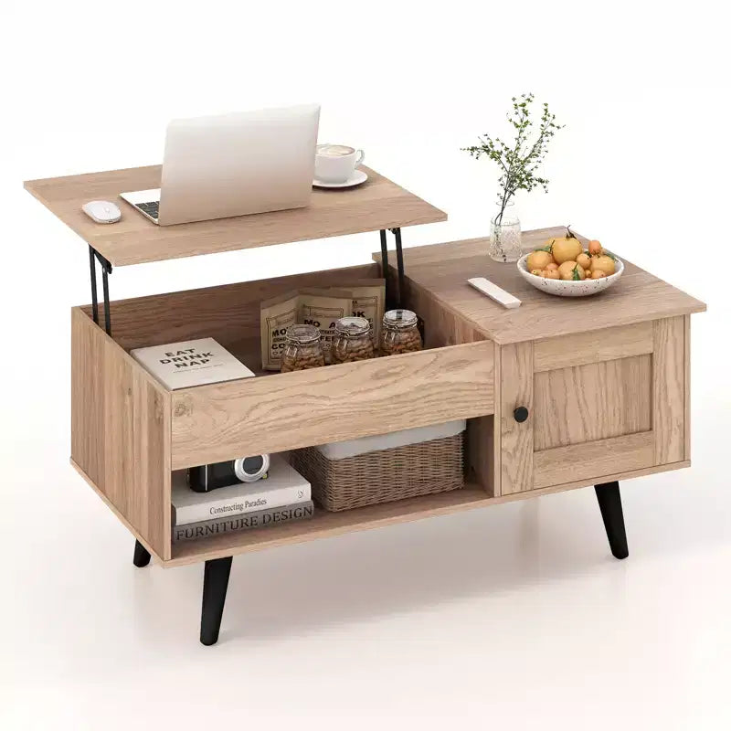 Table Basse Relevable avec Rangement Compartiment Caché et Étagère Ouverte Noir/Marron/Naturel
