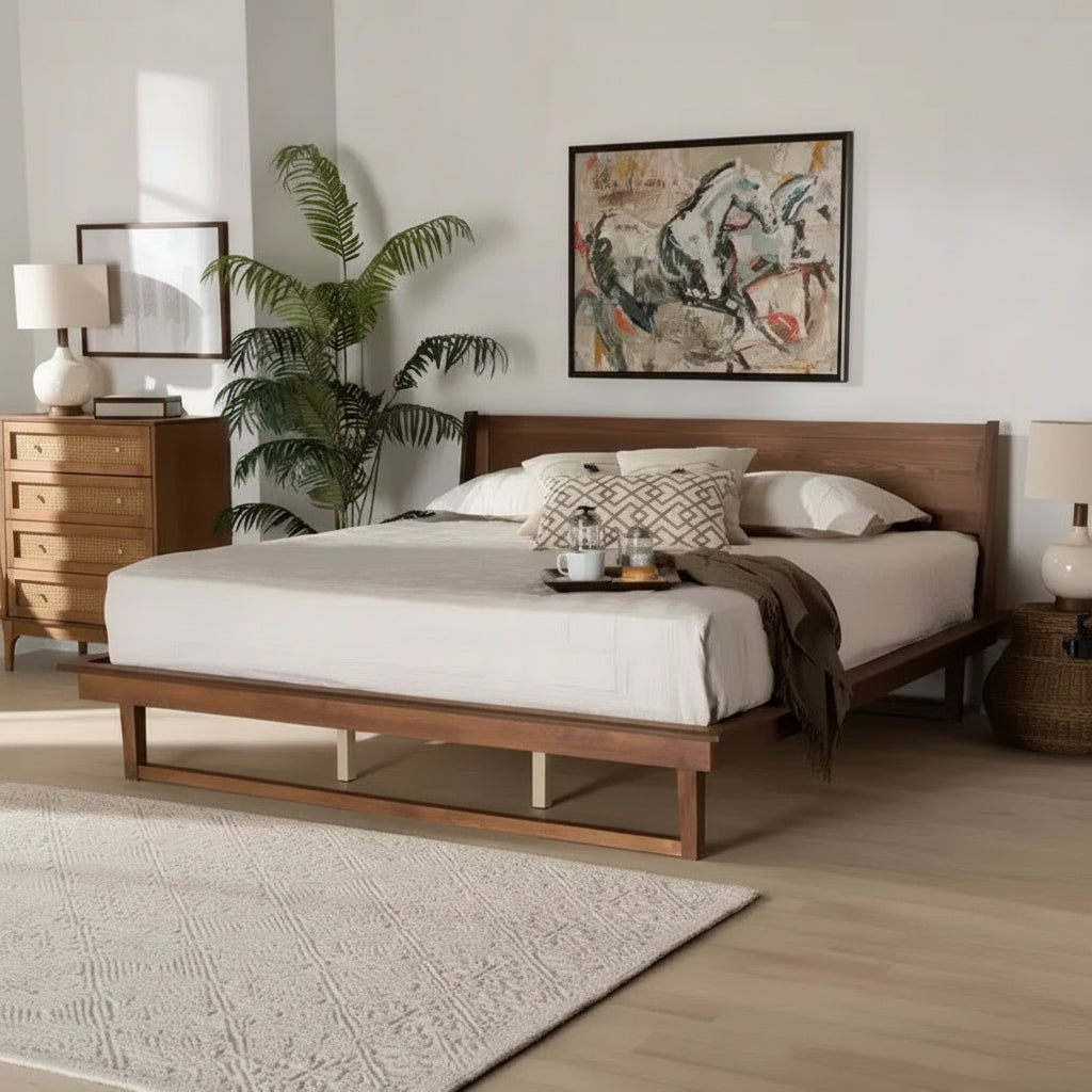 Baxton Studio Macayle Mid-Century Modern Walnut Wood Platform Bed