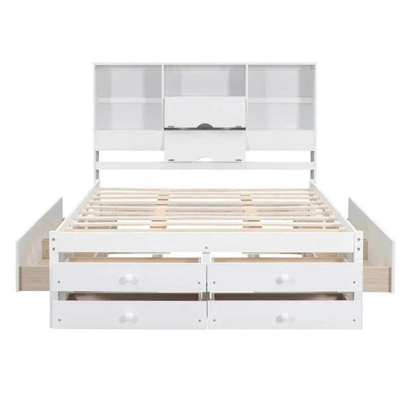 Lit plateforme King Size avec tête de lit de rangement et 8 tiroirs