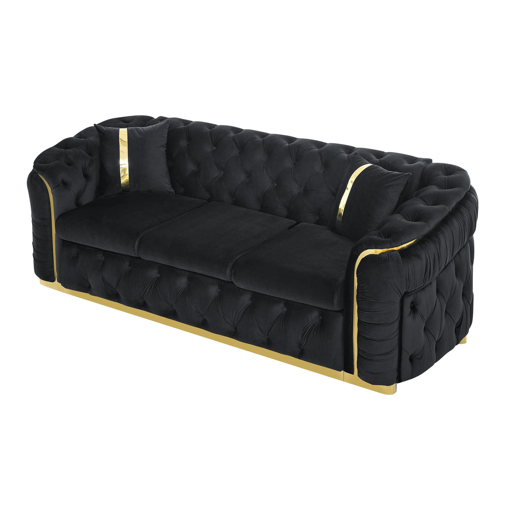 Canapé 3 places Velvet 90,6 po avec 2 oreillers, coussins haute densité, accents dorés et oreillers