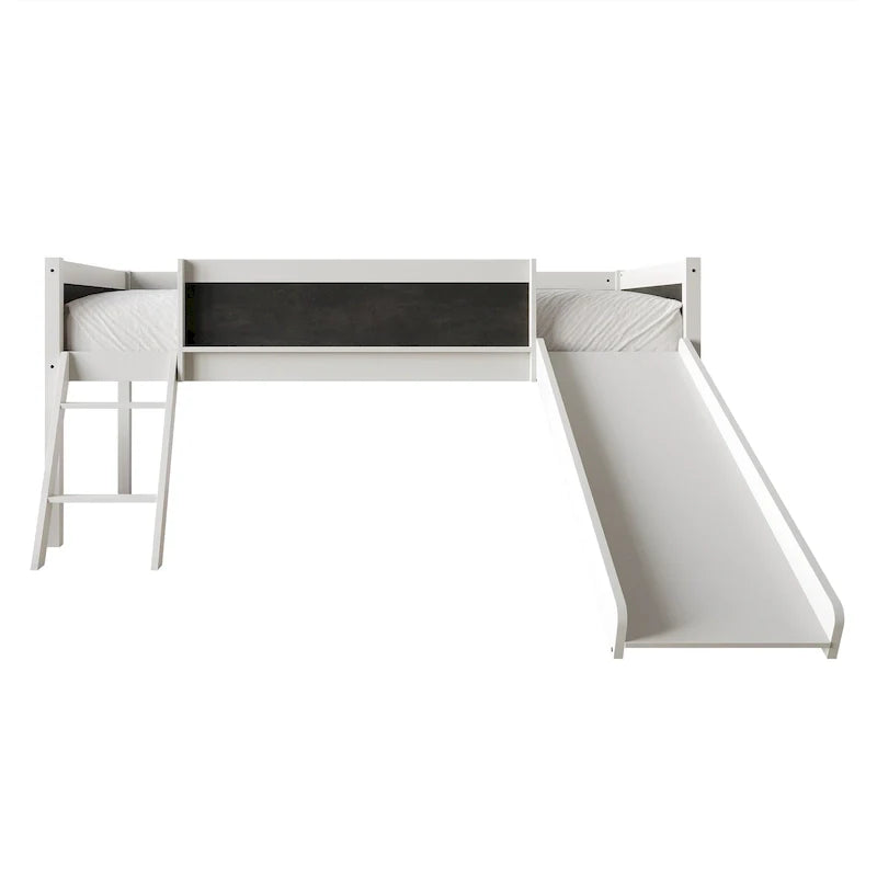 Lit mezzanine bas classique double CraftPorch avec tableau noir, toboggan et échelle