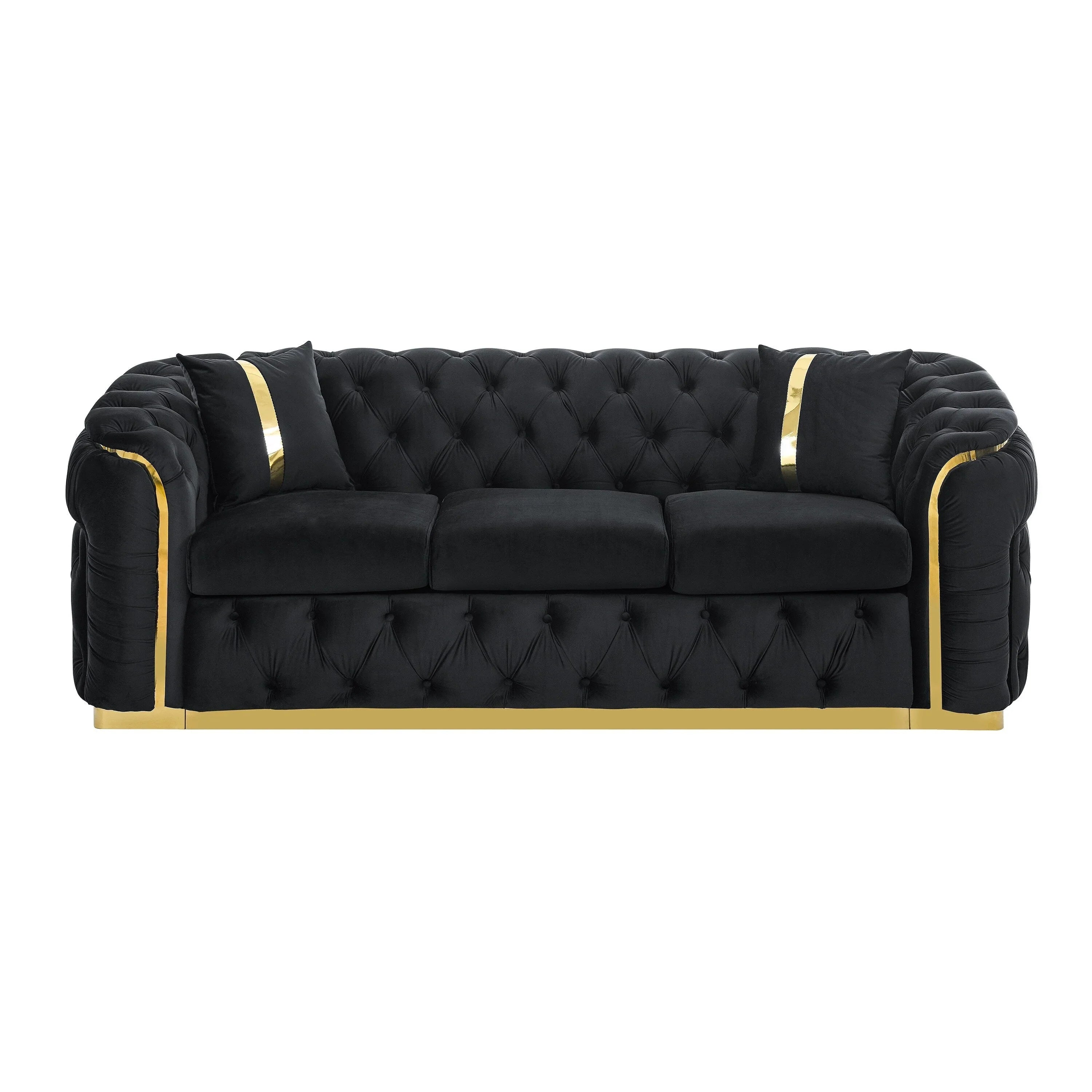 Canapé 3 places Velvet 90,6 po avec 2 oreillers, coussins haute densité, accents dorés et oreillers